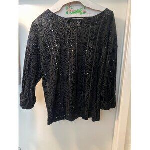 Womens Top Coldwater Creek Sheer Black Floral Embroidered Sequence Rows LG